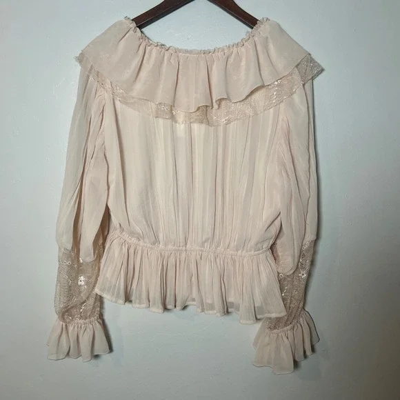 NWT Caroline Constas Peplum Blouse Womens Medium Pink Ruffle Lace Long Sleeve - Picture 2 of 5